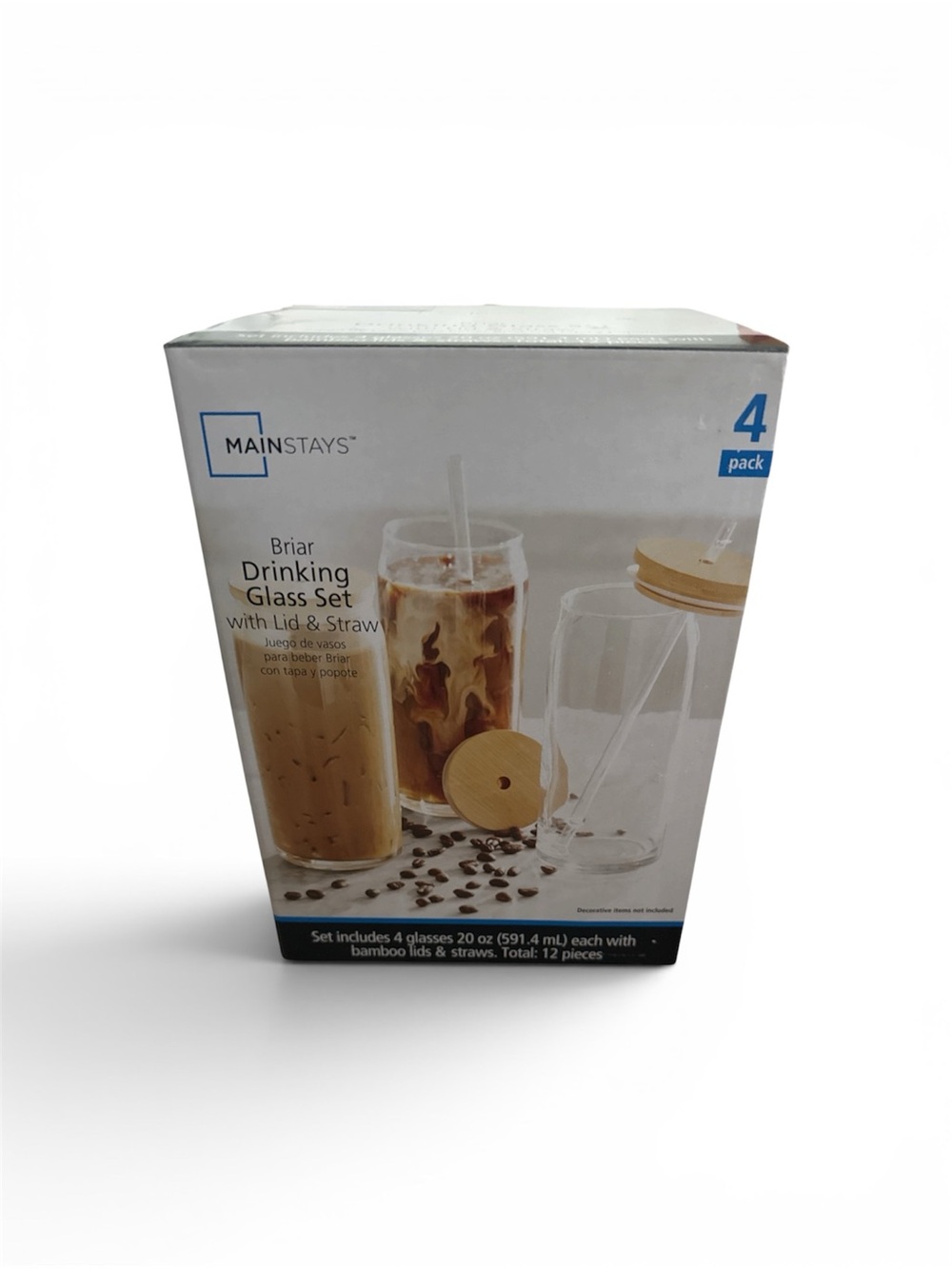 Mainstays Clear Glass Tumbler Set with Bamboo Lids and Straws